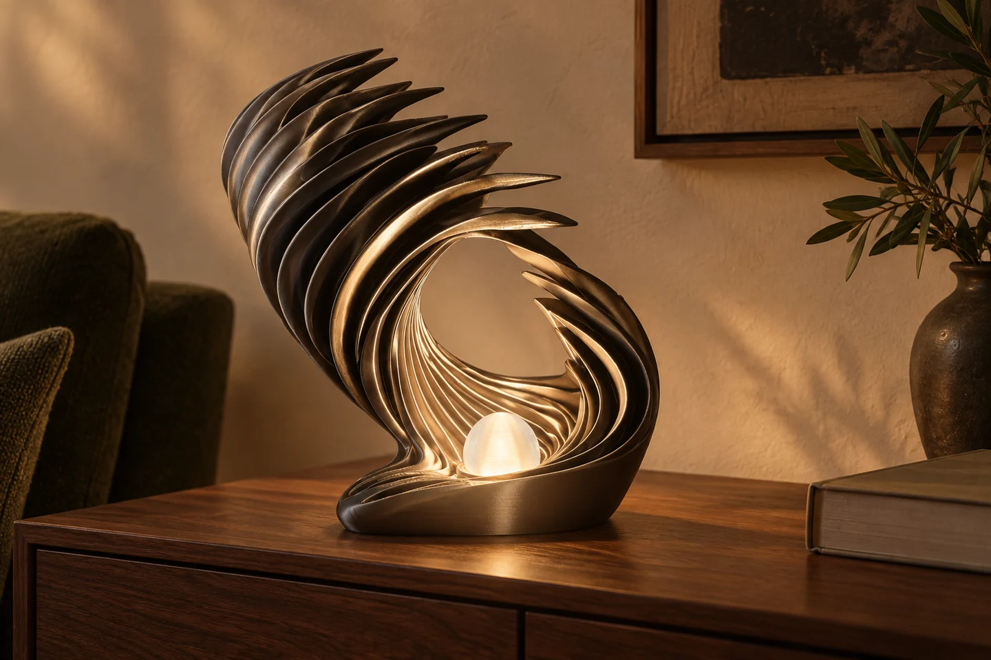 Black Pearl Swirl in bronszwart op walnoot; AI-interieurimpressie
