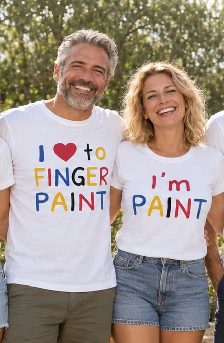 Een koppel draagt de duo-T-shirts Finger Paint