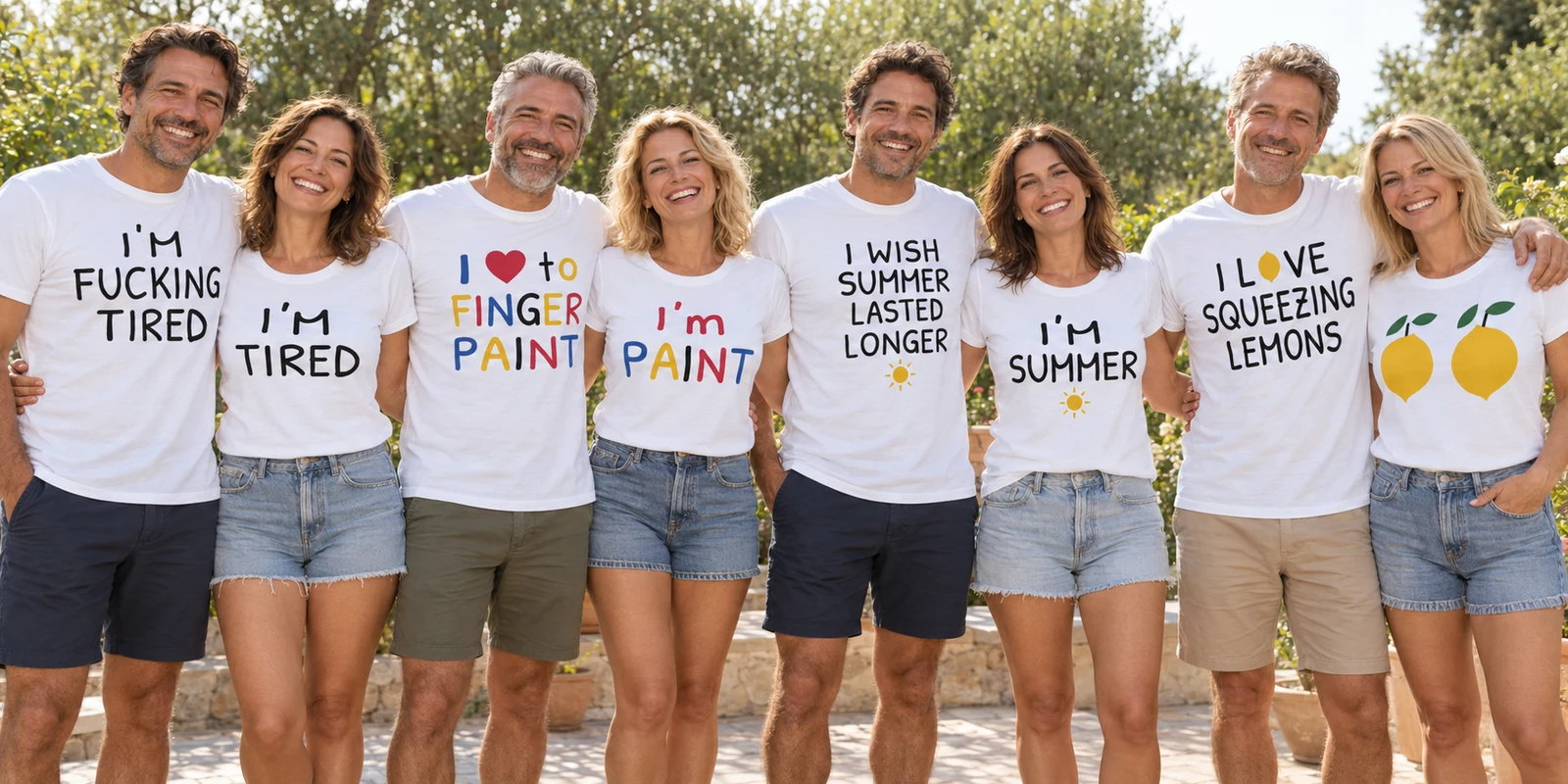 Vier koppels met de duo-T-shirts Tired, Finger Paint, Summer en Lemons