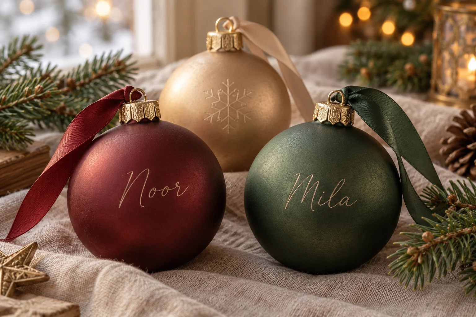 Bordeauxrode, groene en goudkleurige kerstballen met namen en een sneeuwvlok; ontwerpimpressie
