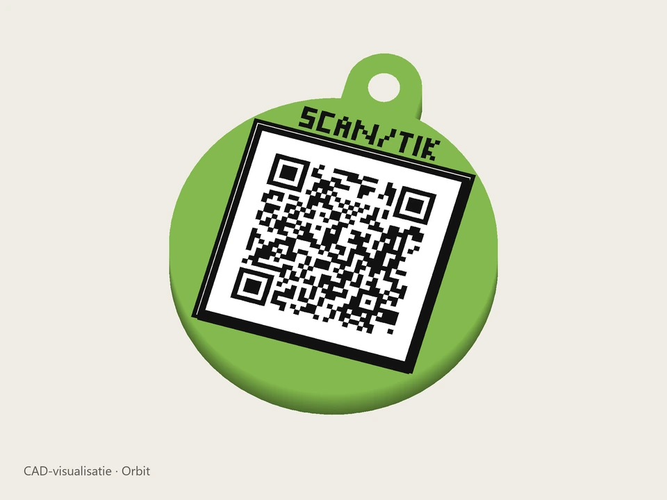 Orbit – QR/NFC-review-sleutelhanger met zwart-witte QR; CAD-visualisatie