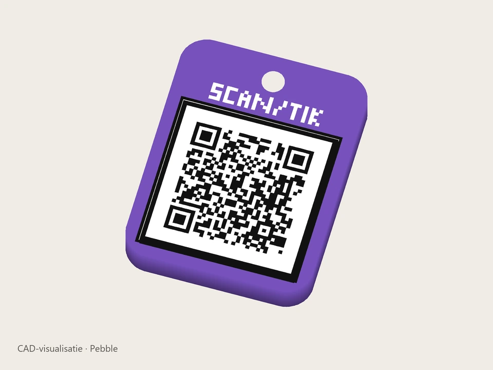 Pebble – QR/NFC-review-sleutelhanger met zwart-witte QR; CAD-visualisatie