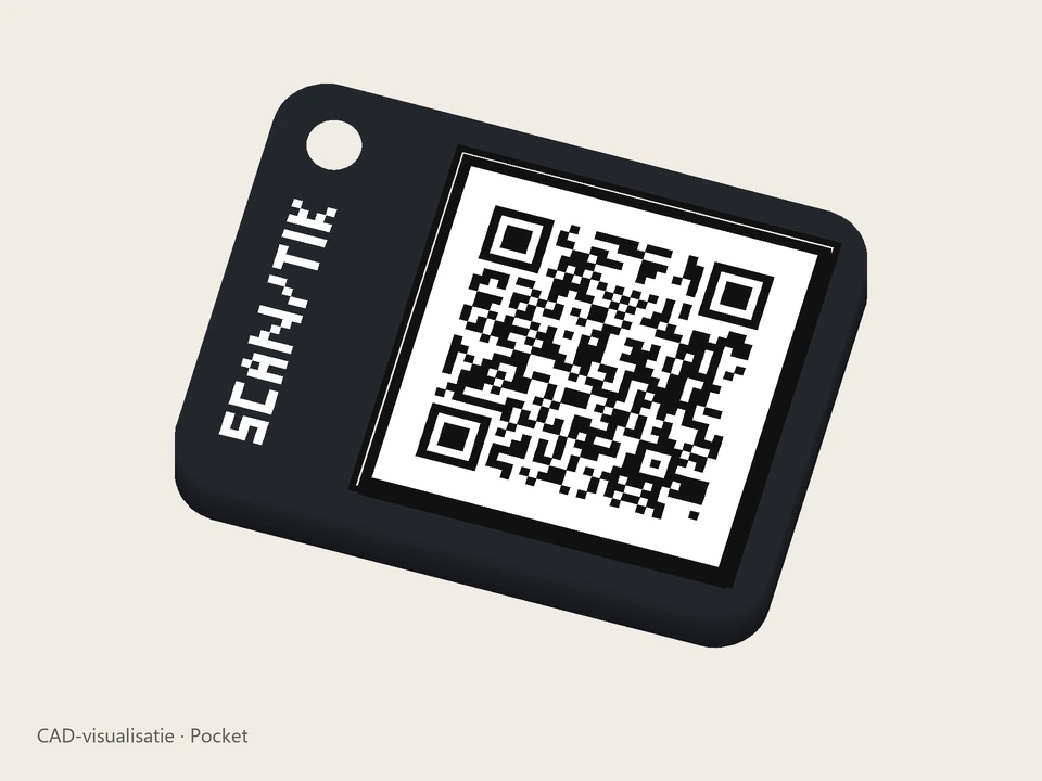 Pocket – QR/NFC-review-sleutelhanger met zwart-witte QR; CAD-visualisatie