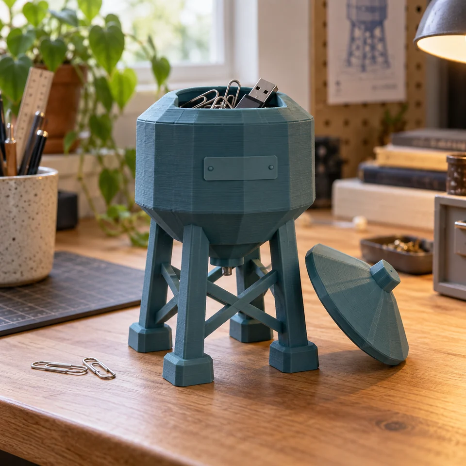 Pixel-watertoren in een realistische setting — AI-conceptvisualisatie
