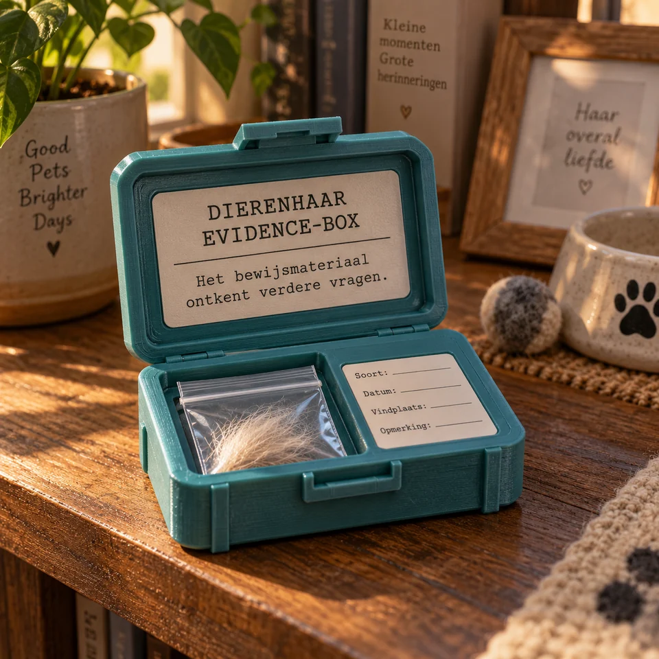 Dierenhaar-evidence-box in een realistische setting — AI-conceptvisualisatie
