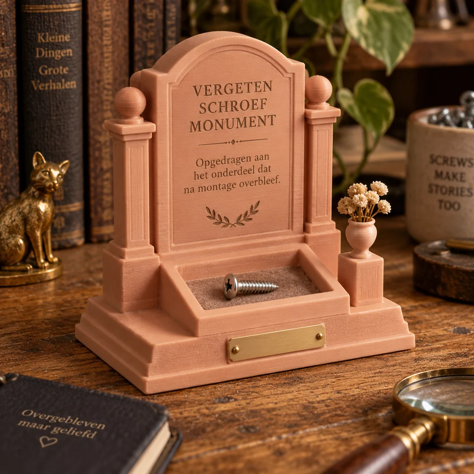 Vergeten-schroef-monument in een realistische setting — AI-conceptvisualisatie