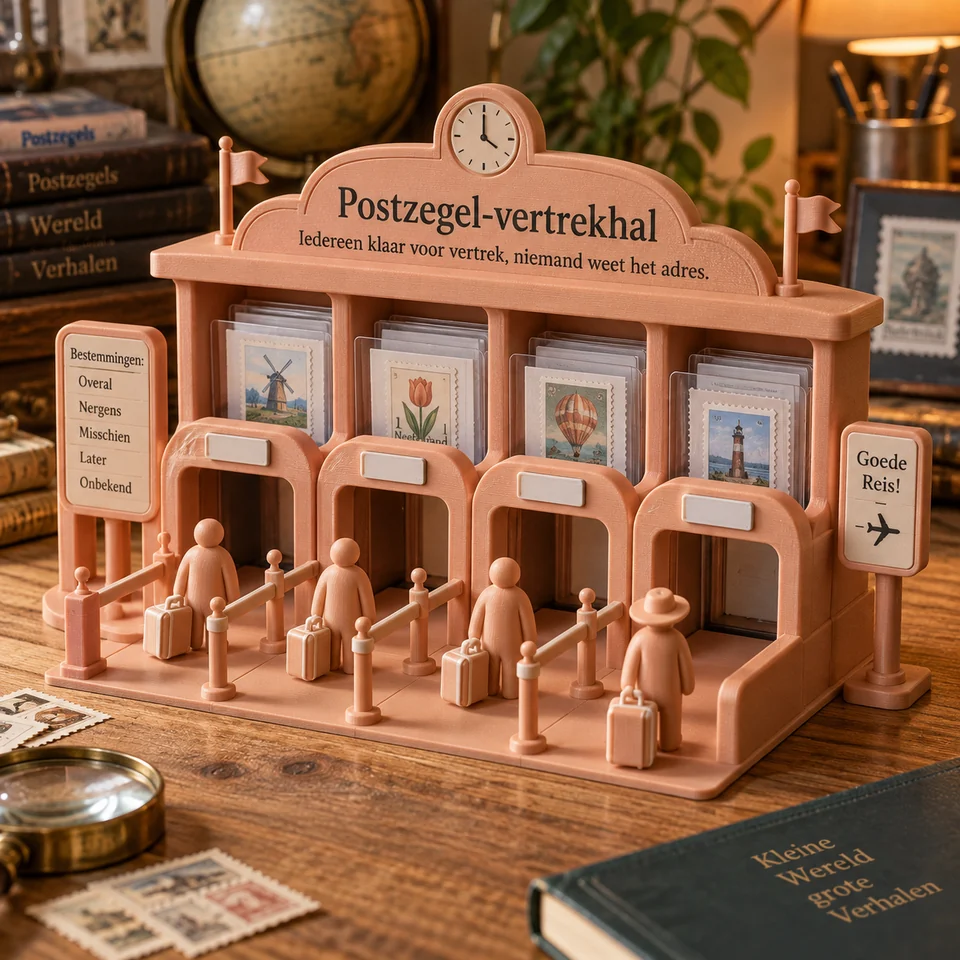 Postzegel-vertrekhal in een realistische setting — AI-conceptvisualisatie