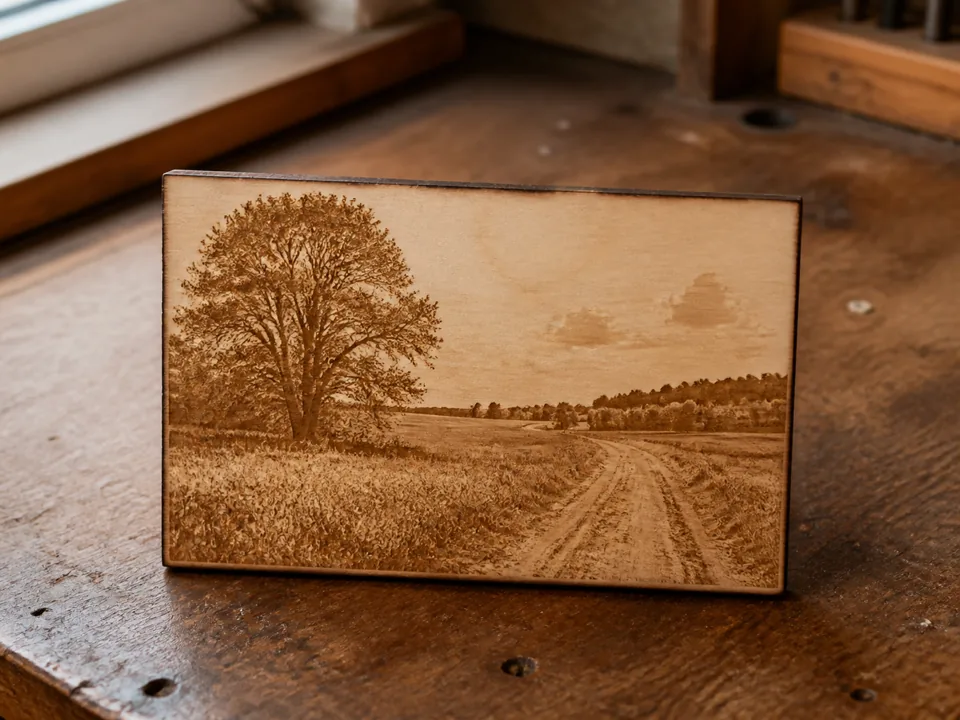 Foto gegraveerd in hout