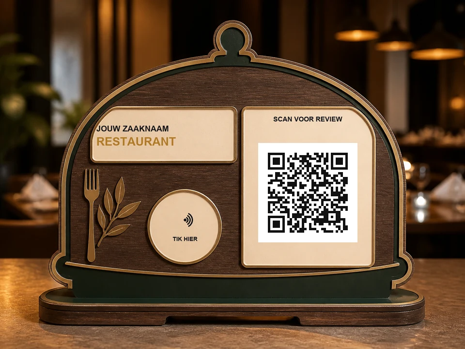 Restaurantbord in stolpvorm met bestek en een hangring; een QR-code, NFC-aanraakzone en de teksten SCAN QR en TIK HIER zijn zichtbaar.