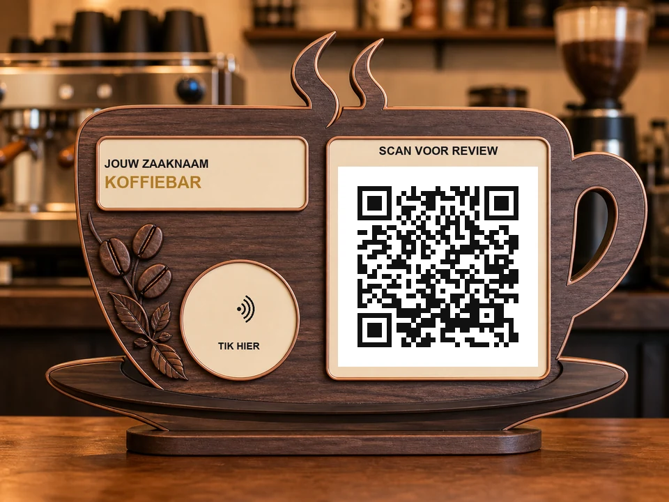 Koffiebord in kopjesvorm met handvat, koffiebonen en stoom; een QR-code, NFC-aanraakzone en de teksten SCAN QR en TIK HIER zijn zichtbaar.