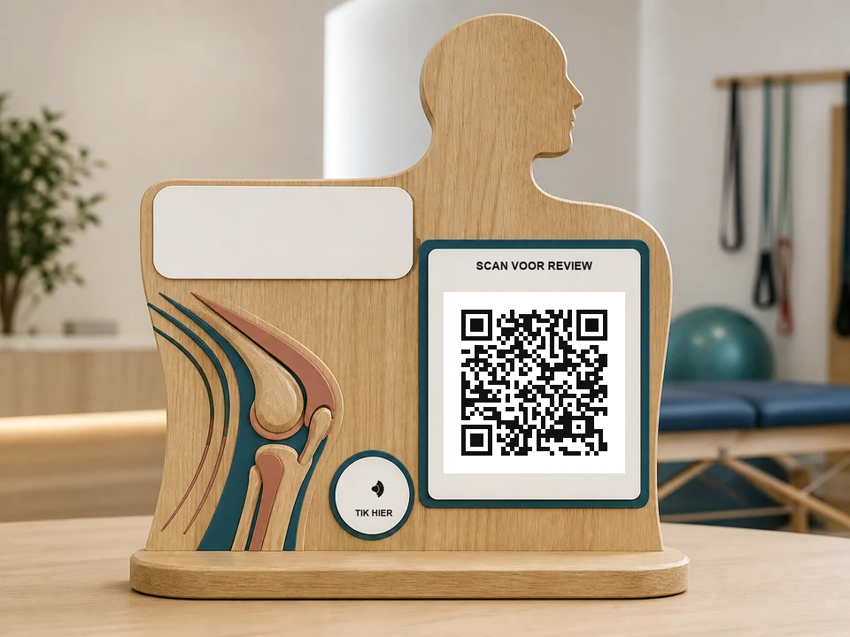 Kinesistenbord met lichaamssilhouet en afgebeeld kniegewricht; een QR-code, NFC-aanraakzone en de teksten SCAN QR en TIK HIER zijn zichtbaar.