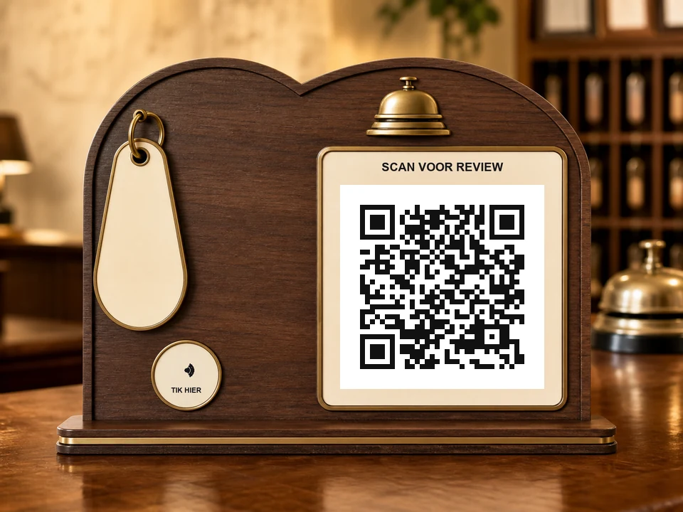 Boogvormig hotelbord met sleutelplaatje en baliebel; een QR-code, NFC-aanraakzone en de teksten SCAN QR en TIK HIER zijn zichtbaar.