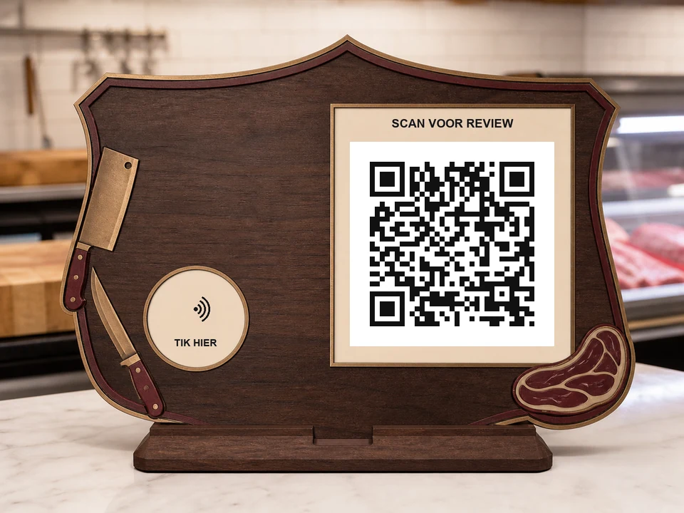 Schildvormig slagerijbord met hakmes, mes en steak; een QR-code, NFC-aanraakzone en de teksten SCAN QR en TIK HIER zijn zichtbaar.
