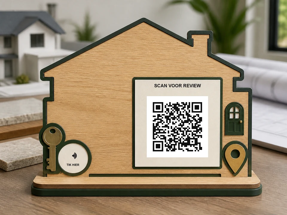 Huisvormig vastgoedbord met sleutel en locatiepin; een QR-code, NFC-aanraakzone en de teksten SCAN QR en TIK HIER zijn zichtbaar.