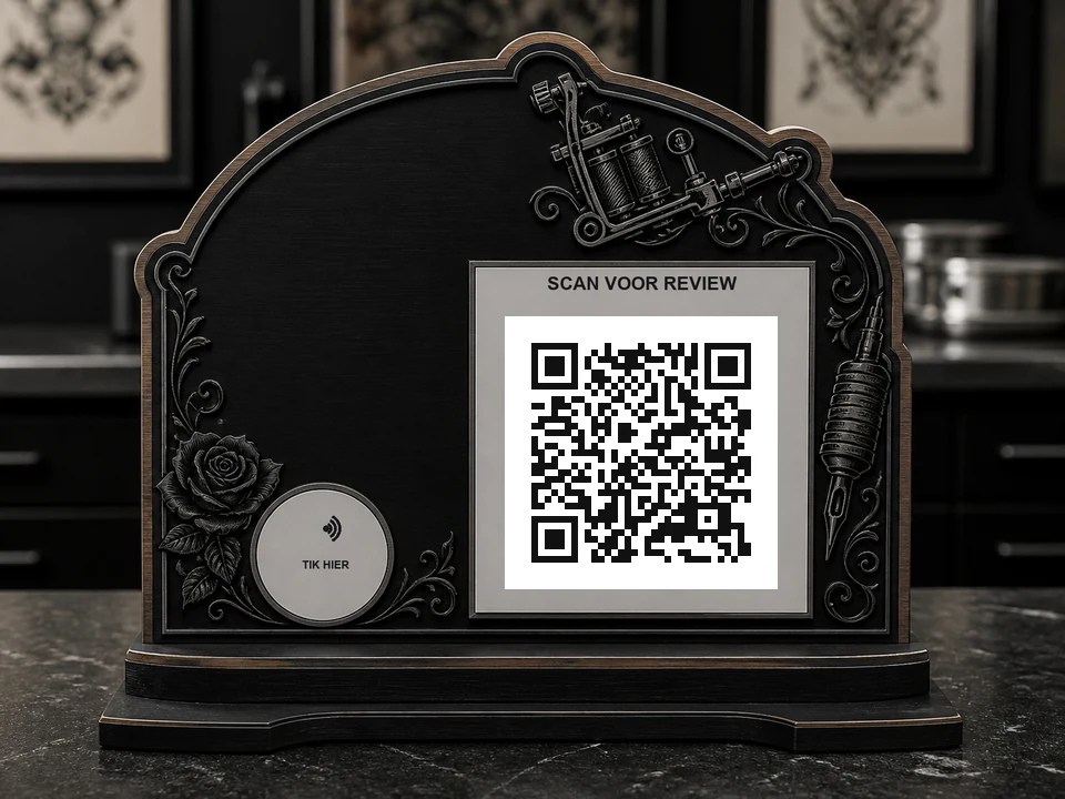 Boogvormig tattoobord met tattoomachine, roos en ornamenten; een QR-code, NFC-aanraakzone en de teksten SCAN QR en TIK HIER zijn zichtbaar.