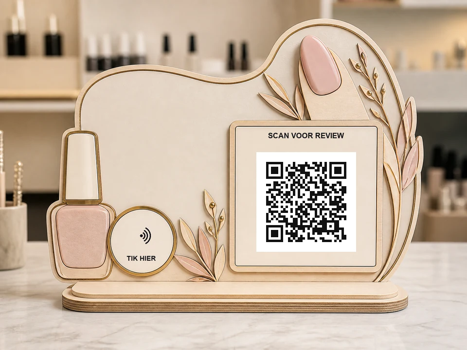 Nagelstudiobord in nagelvorm met nagellakflesje en bladmotief; een QR-code, NFC-aanraakzone en de teksten SCAN QR en TIK HIER zijn zichtbaar.