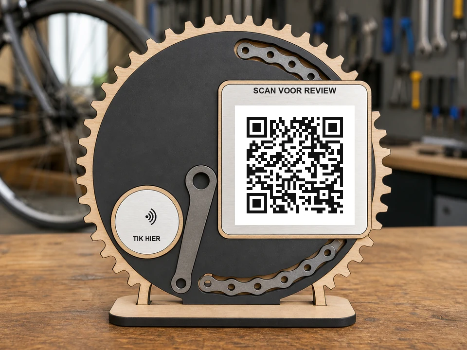 Rond fietsenwinkelbord in kettingwielvorm met crank en ketting; een QR-code, NFC-aanraakzone en de teksten SCAN QR en TIK HIER zijn zichtbaar.