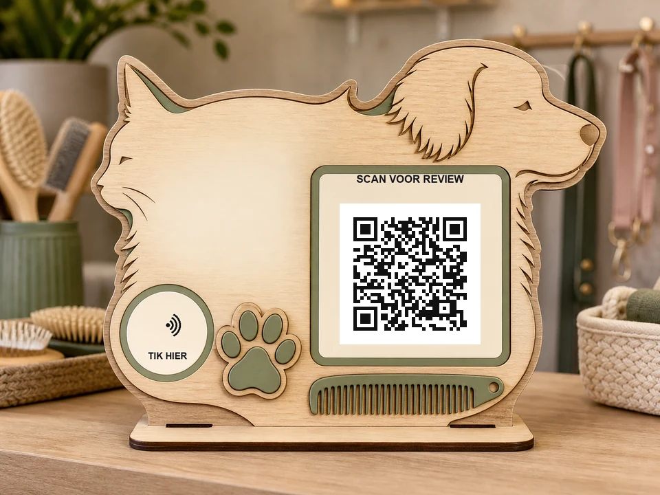 Dierenzaakbord in gecombineerde honden- en kattensilhouetvorm met pootafdruk en kam; een QR-code, NFC-aanraakzone en de teksten SCAN QR en TIK HIER zijn zichtbaar.