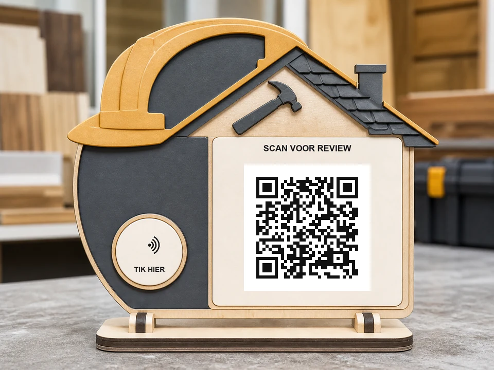 Aannemersbord in huisvorm met veiligheidshelm, dak en hamer; een QR-code, NFC-aanraakzone en de teksten SCAN QR en TIK HIER zijn zichtbaar.