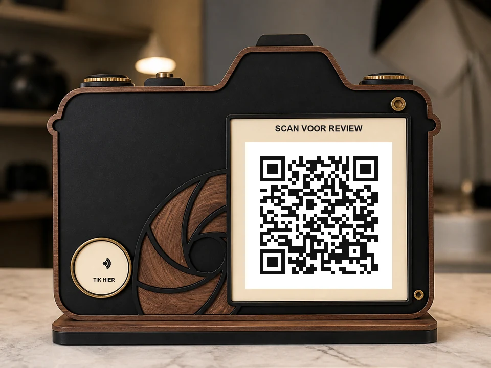 Fotografenbord in cameravorm met lens- en diafragma-accent; een QR-code, NFC-aanraakzone en de teksten SCAN QR en TIK HIER zijn zichtbaar.