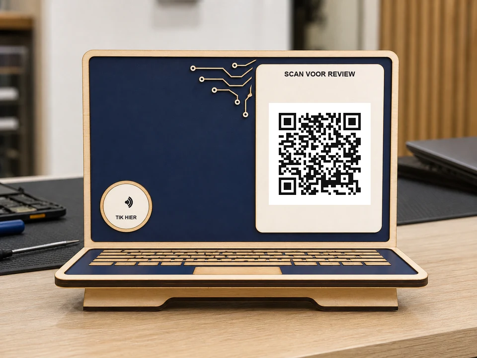Consultancybord in laptopvorm met toetsenbord en printplaatlijnen; een QR-code, NFC-aanraakzone en de teksten SCAN QR en TIK HIER zijn zichtbaar.